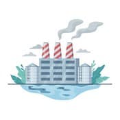 Pollution de l'environnement qui se transmet à l'eau. On voit un dessin d'industries qui fument au dessus d'une étendue d'eau.