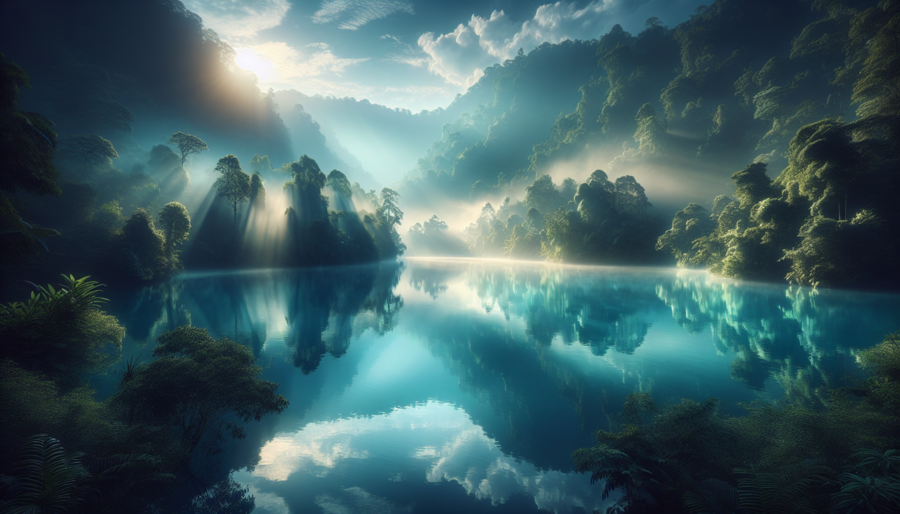 Objet en L, 3D, lac bleu cristallin, lumière matinale, végétation dense, reflets, brume légère, haute résolution.