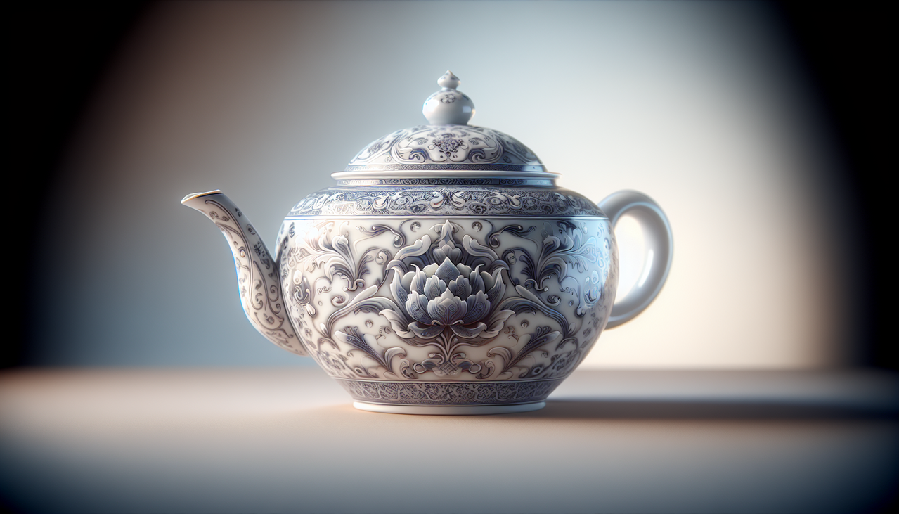 Porcelain teapot with intricate patterns, glossy finish, vivid colors, and sharp details - Objet en P.
