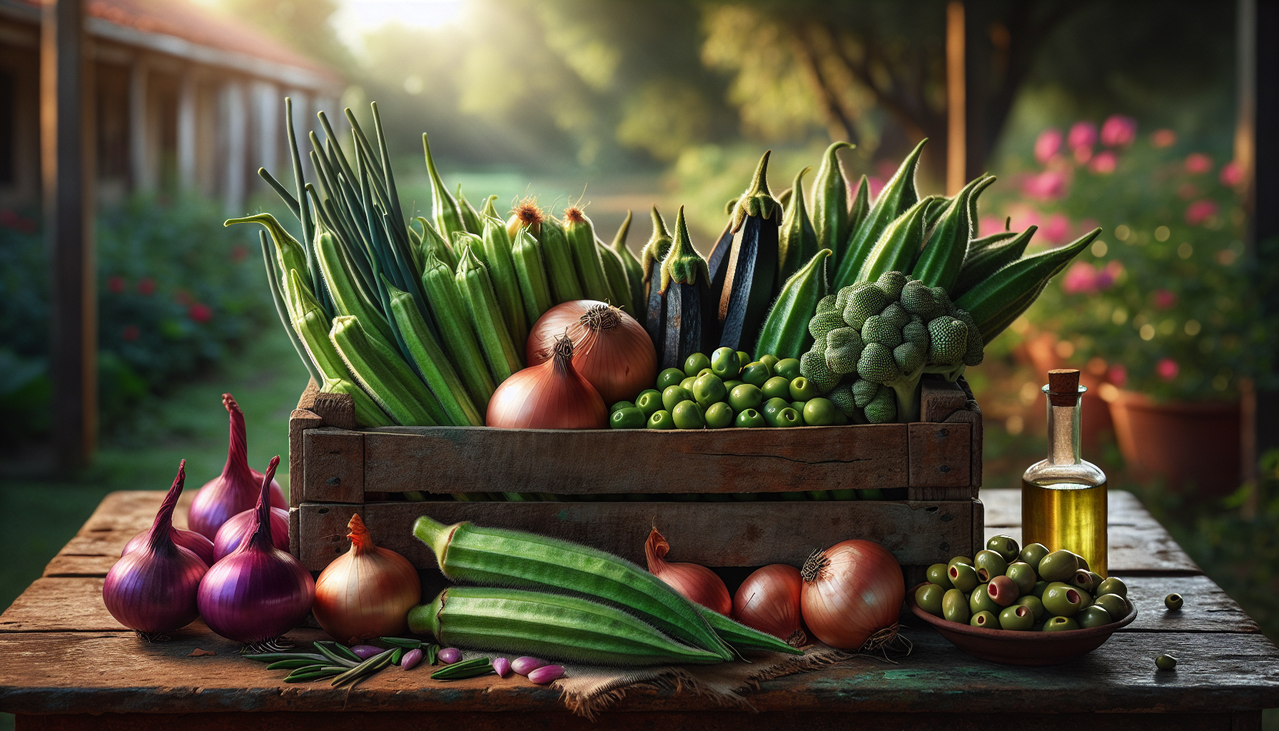 Afficher : Légumes en ''O'' frais et variés dans une caisse en bois rustique sur une table en bois, éclairés naturellement.
