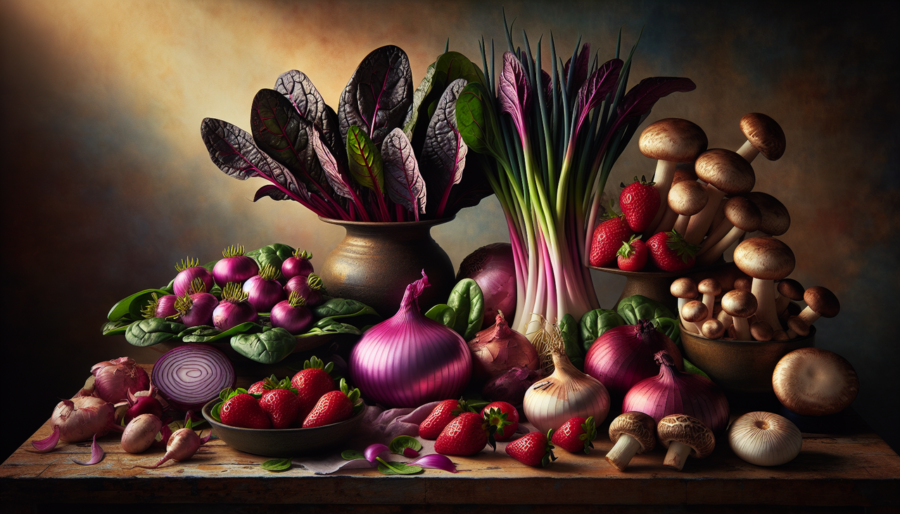 Afficher : "Collection de légumes commençant par S : échalote violette, épinards verts, échalotes, fraises rouge vif, shiitake terre cuite."