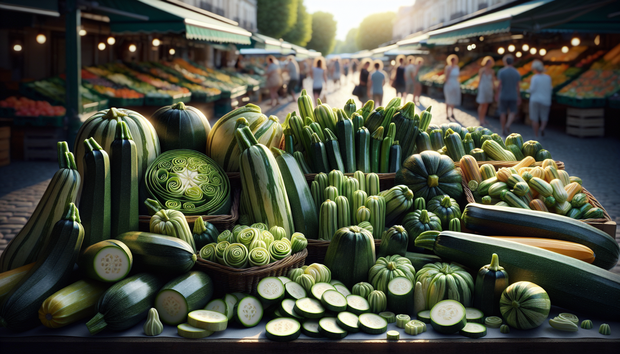 Affiche légumes en Z avec courgettes variées vertes et brillantes, entières, tranchées et en spirales.